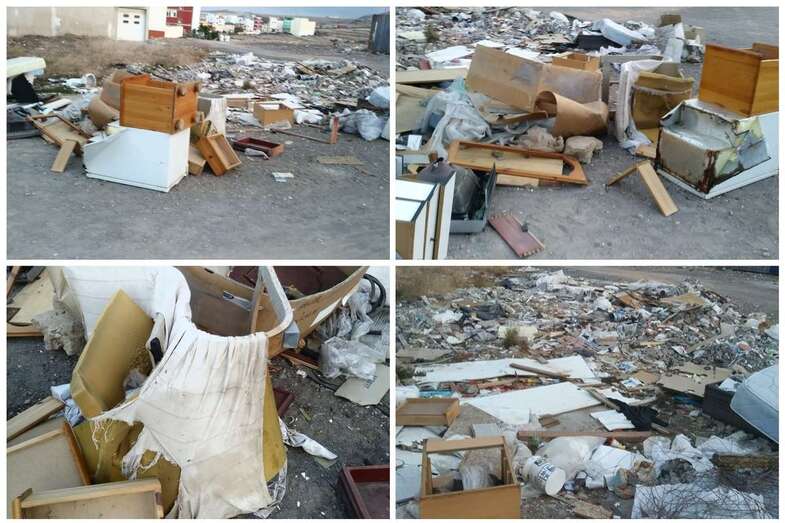 Collage de fotos de la basura acumulada en un solar de la calle de Sagunto (Foto TA)